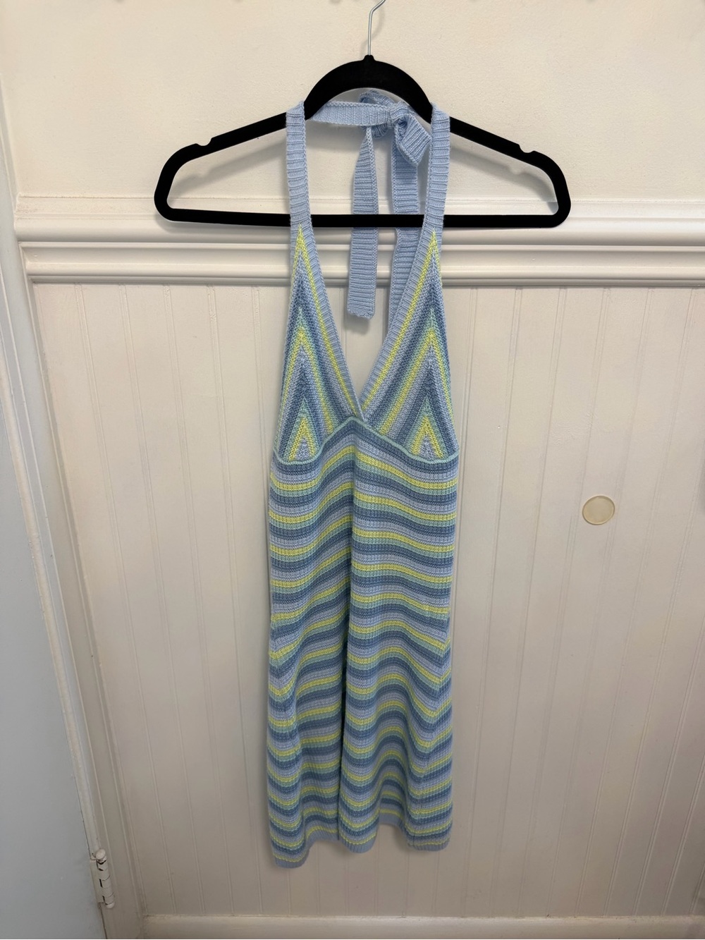 Striped Knit Halter Mini Dress in Light Blue and Yellow